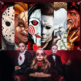 Decoración de fiesta de terror de Halloween, telón de fondo de fotos de personajes de película clásica de terror de 5.9 x 3.6 pies, suministros de fondo para niños y adultos, accesorios de cabina de