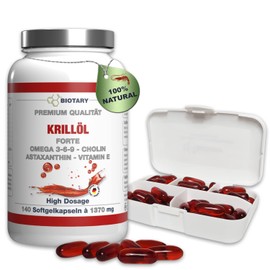 BIOTARY Krill Oil Soft Gel Capsules, 140 Capsules, 1040 mg Daily Serving, Including Pill Box, Omega 3, 6, 9, Astaxanthin, Vitamin E, Choline, Phospholipids, Laboratory Tested, Premium Quality, Phosphholipids