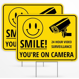 2PC Smile Your On Camera Sign with Stake, 17 Inches by 13 Inches - Corrugated Plastic - Smile Youre On Camera Yard Signs Outdoor Security Surveillance