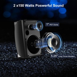 Herdio 5.25" Passive Outdoor Speakers Waterproof Wired, 300W Wall Mount Speakers with Superior Sound,Dual Swivel Brackets for Patio/Deck/Backyard (Pair, Black)