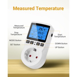 230 V Temperature Controller Sockets Heemol Thermostat Heating, Frost Monitor with Thermostat, Display with Backlight, Digital Timer with Sensor, Temperature Controller for Terrarium