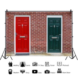 Renaiss 8x6ft Red & Green Door Backdrop for Photoshooting Vintage Doors on Red Brick Wall Photography Background Retro Bricks Front Doors Party Decors Portrait Street Snap Photo Booth Props