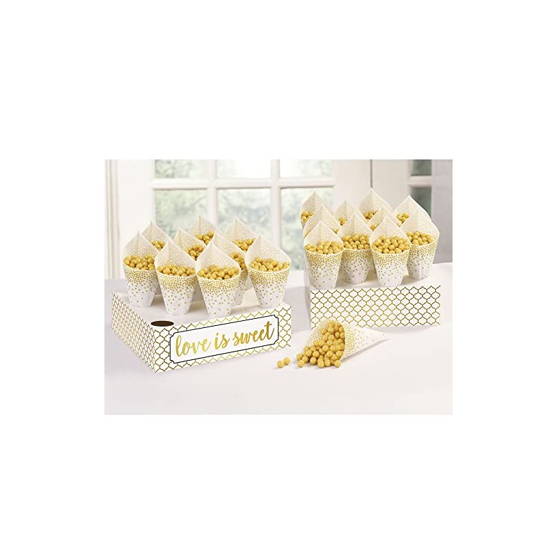 Gold Dots Wedding Snack Cones & Tray, 42 Pcs