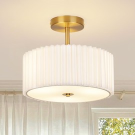 CLARSYNE Modern Semi Flush Mount Ceiling Light with Pleated Fabric Shade, 12.5” Drum Gold Light Fixture with Lights, Warm White Linen Lamp for Bedroom, Living Room, Dining Room, Hallway, Kids Room