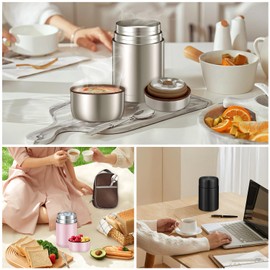 Poligono Thermal Food Container 800 ml, Stainless Steel Thermal Container with Spoon and Carry Bag, Thermal Lunch Box for Soup, Baby Porridge Warming Box, Pink