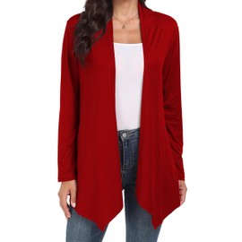 QIXING Women's Lightweight Casual Long Cardigans with Pockets with Soft Draped Ruffles Waterfall Cardigans for Women UK for Spring Summer Autumn (Red, XL)
