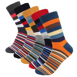 HOYOLS - Calcetines largos de algodón de rayas coloridas para hombre, con estampado de negocios (5 unidades), Estampado de rayas, 6-10