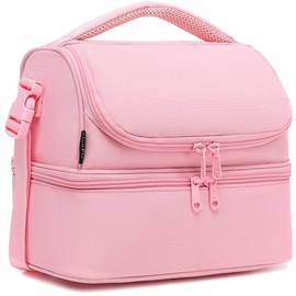 FlowFly Double Decker Cooler Insulated Lunch Bag Large Tote for Boys, Girls, Men, Women, With Adjustable Strap,Pink