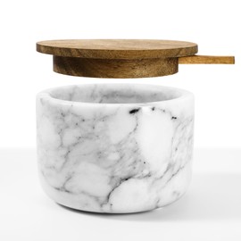 RAETTER.LY Salt and Pepper Bowl, Marble Salt Cellar and Spices Storage Container With Built-in Spoon and Acacia Wood Lid - 6.5oz Capacity (White)