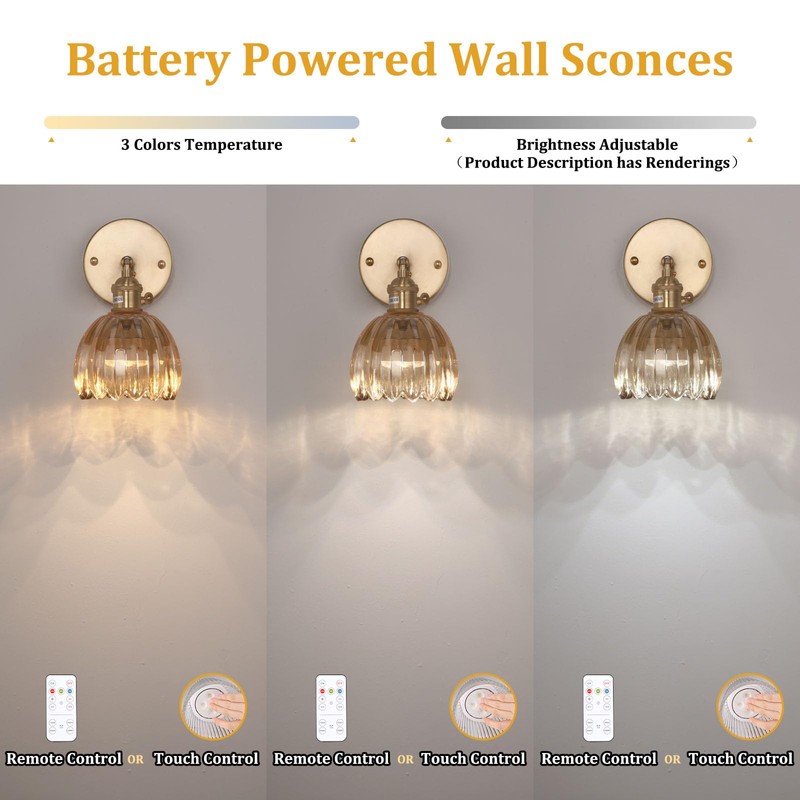Shenmoyl Vintage Battery Operated Wall Sconce with Amber Tulip Glass