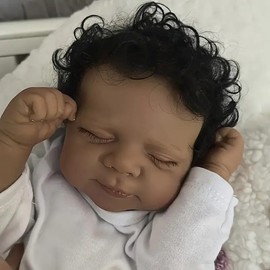 Pinky Reborn African American Reborn Dolls 18 Inch 46 cm Black Reborn Baby Dolls Newborn Baby, Biracial Skin Silicone Reborn Toddler Dolls with Curly Hair Gift for Age3+