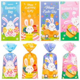 RICEDUO 100PCS Easter Cellophane Treat Bags, Easter Cellophane Candy Bags with Gold Twist Ties, Cute Plastic Easter Cookie Bags Gift Bags for Easter Party Favor Supplies