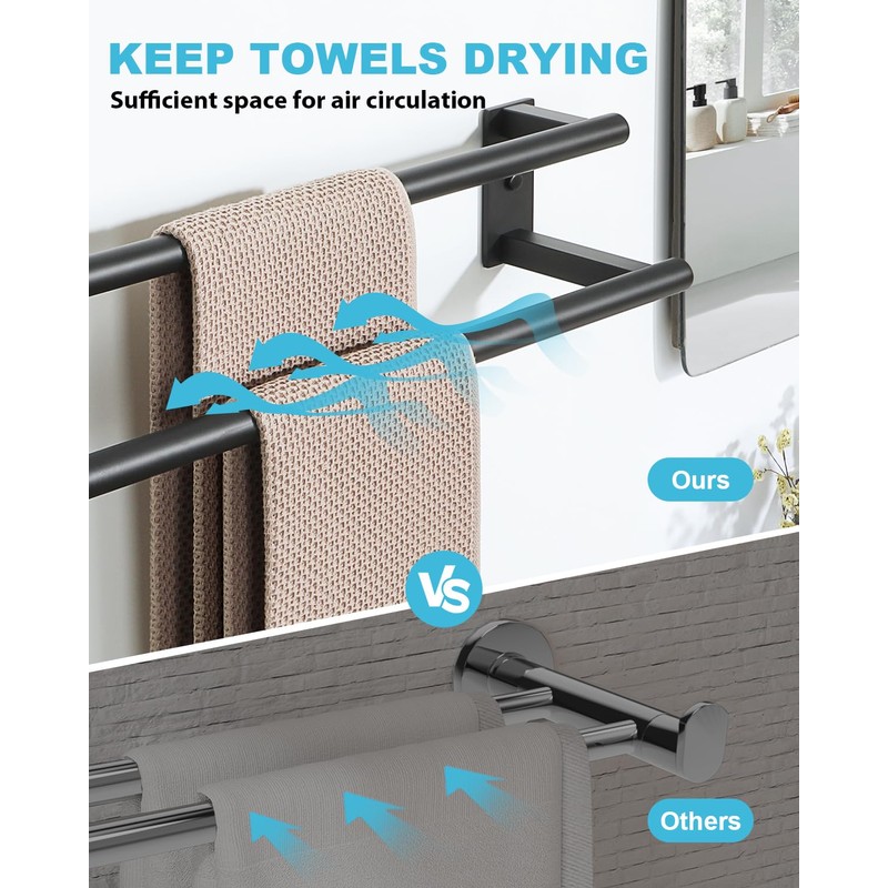Alise Bathroom Double Towel Bar, 24 Inch Wall Mount Towel
