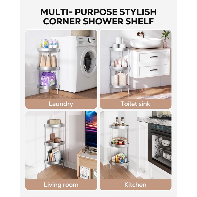 Nieifi Corner Shower Caddy Stand-3 Tier Rustproof Anodized Aluminum Standing