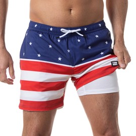 Third Wave Swim Trunks with Compression Liner - Men's Premium 5 Inch Inseam Quick Dry Swim Shorts for Beach and Swimming (Flag M)