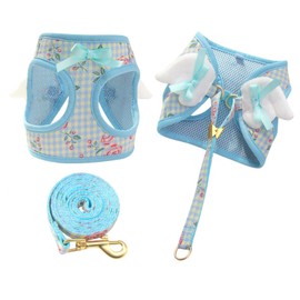 Dog Harness and Leash Set with Angle Wings,Pet Adjustable Mesh Vest Harness with Wings and Bow for Small Medium Dogs Cats_S(Blue Flower)