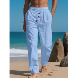 QOSOQ Men's Casual Linen Pants Drawstring Waist Button Lightweight Trousers Vacation Beach Pants with Pockets Blue