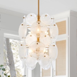 VANZARLA Modern Glass Chandelier for Dining Room, Gold Entryway Chandelier, 6-Light Unique Pendant Light Fixture for Bedroom Hallway Stairway Kitchen