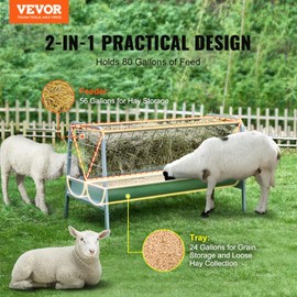 VEVOR 2 in 1 Livestock Hay Feeder, 80-Gallon Capacity, 59" Long Goat Hay Feeder with Deeper Feeding Pan, Heavy Duty Steel for Sheep Farms Sheds