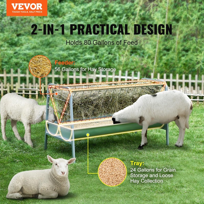 VEVOR 2 in 1 Livestock Hay Feeder, 80-Gallon Capacity, 59"