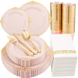 Morejoy 175pcs Pink Gold Plastic Plates-Pink Disposable Plates include: 25 Dinner Plates,25 Dessert Plates, 25 Forks, 25 Spoons,25 Knives, 25 Cups,25 Napkins for Wedding & Easter Day& Monther's Day