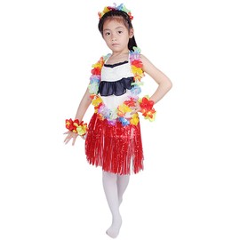 kilofly 2 Sets Girls Elastic Hawaiian Dancer Grass Hula Skirt Floral Lei Costume