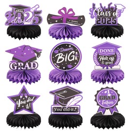 9pcs Black Purple Congrats Grad Honeycomb Centerpieces 2025 Graduation Party Table Decorations Class of 2025 You Did it Tabletop Centerpieces Grad Congratulation Party Table Topper Sign Decorations