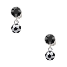 Silvertone 3-D Soccer ball - Black Crystal Clip on Earrings