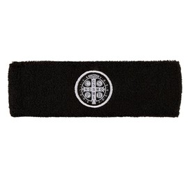 Needzo St. Benedict Thick Sports Headband, Religious Black Soft and Stretchy Polyester Sweatband, Unisex Catholic Gifts or Accessories, One Size Fits Most, 7 Inches
