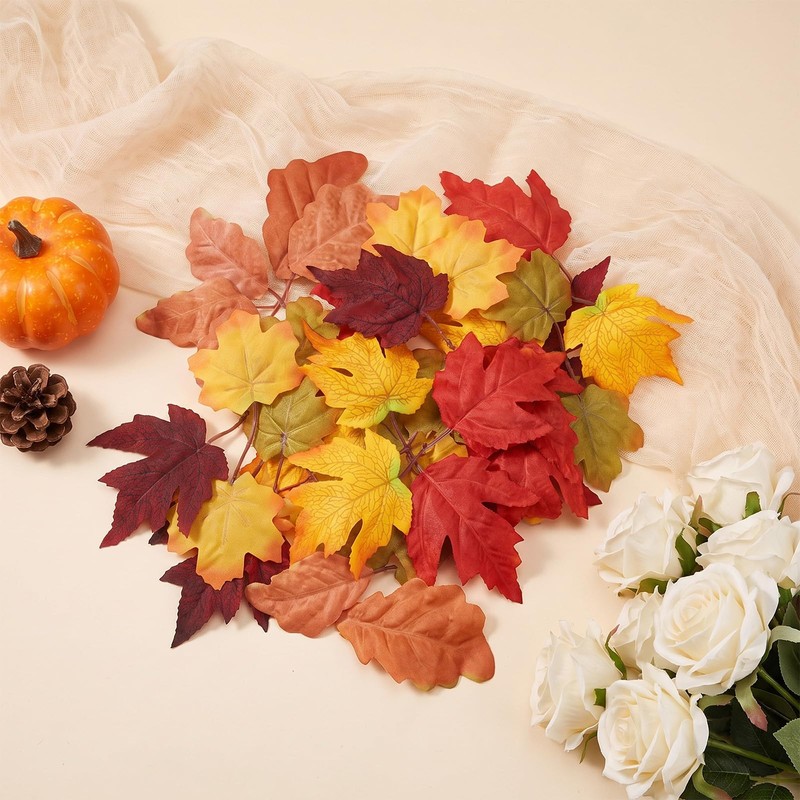 Axafazup 50 Pcs Autumn Maple Leaves, Artificial Fake Fall Leaves