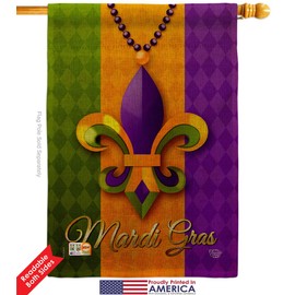 Mardi Gras Beeds Burlap Garden House Flags Kit Springtime Carnival Festival Masquerade Celebration Season Holiday French Small Decorative Gift Yard Banner Double-Sided Made In USA 28 X 40