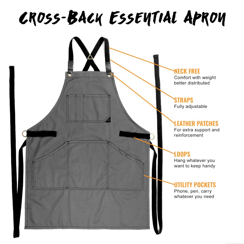 Under NY Sky Essential Grey Twill Apron - Cross-Back with