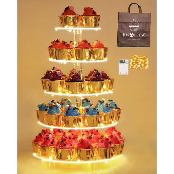 Jusalpha 5 Tier Round Cupcake Stand With Light– Premium Cupcake Holder – Acrylic Cupcake Tower With LED Light – Ideal for Weddings Birthday Parties, Candy Bar Decor 5RFs (5 Tier- Battery Power)