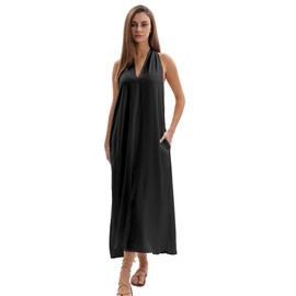 Amazhiyu Women's Linen Halter Sleeveless Casual Summer Maxi Dresses with Pockets Black, Small