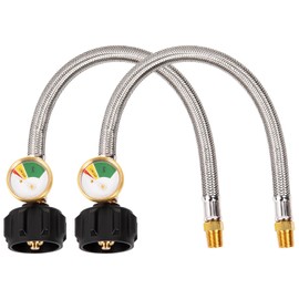 SHINESTAR 15 Inch RV Propane Hose with Gauge, Stainless Steel Braided Camper Tank Hose for Dual Stage Regulator, 1/4 Inch Male NPT x QCC1, 2 Pack