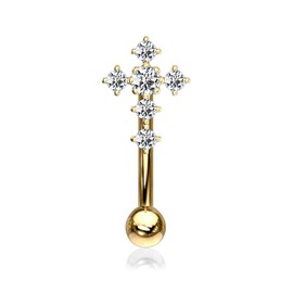 Forbidden Body Jewelry 16g 8mm Curved Barbell for Daith, Eyebrow, Rook & Belly Button with CZ Cross Top, Gold Tone
