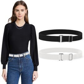 Sightor 2PCS Women No Show Stretch Belt, Adjustable Strap with Flat Buckle, Invisible Elastic Belt for Jeans Pants Dresses (Black, White)