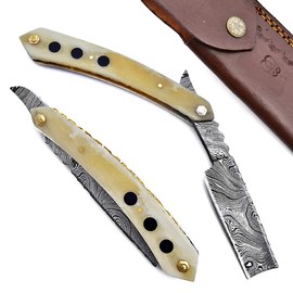 R-79 - Maquinilla de afeitar de acero de damasco con borde clásico de cuchilla de afeitado, hecho a mano