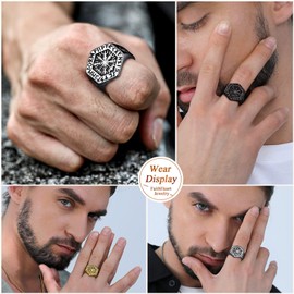 FaithHeart Viking Vegvisir Ring, Vintage Compass Finger Ring in Seck Shape, Rune Finger Ring for Men and Women, Retro Nordic Style Ring with Engraving for Christmas, Birthday, Stainless Steel