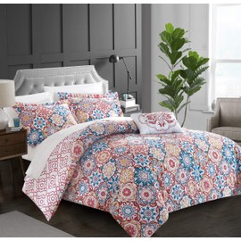 Chic Home Bristol 4 Piece Reversible Duvet Cover Set, Queen, Pink