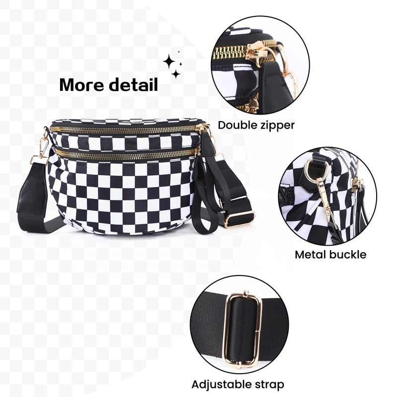 kuifang Checkered Bum Bag Crossbody Bag for Women, Spacious Purse