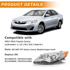 Headlight Assembly Compatible with 2012 2013 2014 Toyota Camry L/LE/XLE/Hybrid Halogen Headlamp, Chrome Housing Amber Reflector