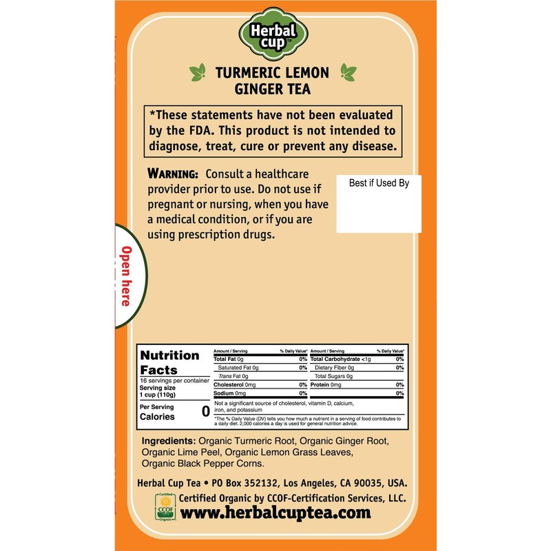Herbal Cup Ayurveda Turmeric Tea, Organic Lemon Ginger, No Caffeine