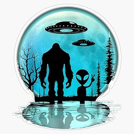 Alien and Bigfoot Moon Sticker Bumper Sticker Vinyl Decal 5"