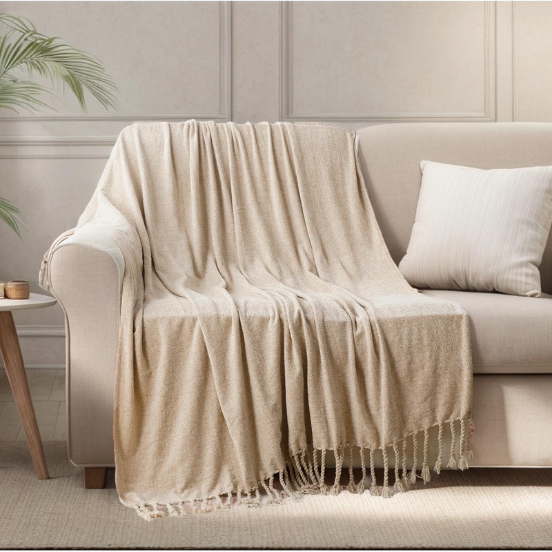 BATTILO HOME Beige Throw Blanket for Sofa Bed Couch Chair,