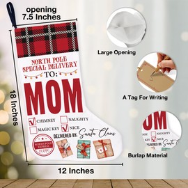 GOLSOO Mom Burlap Christmas Stocking, Special Delivery to Mom Mother Christmas Hanging Stocking Xmas Decorations Gifts for Fireplace Home, Mom Xmas Stocking 18 x 12 x 7.5 Inches