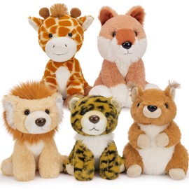 Muiteiur 5 Piece Forest Stuffed Animals,7.1 Inch Cute Jungle Plush Toys, Stuffed Animal Bulk (Tiger,Lion,Fox,Giraffe, Squirrel),Gift for Kids