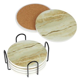 QWORK® Set of 6 10 cm Absorbent Coasters with Cork Underside and Metal Holder - Water Absorbent, Scratch-Resistant - Ideal as a Gift Idea