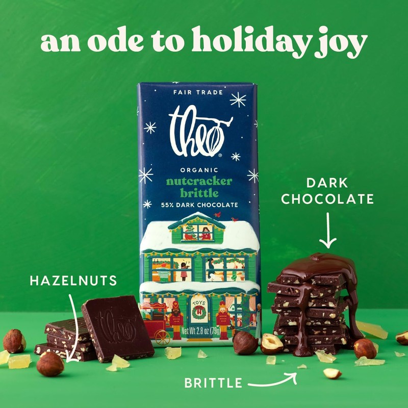 THEO Chocolate Holiday Nutcracker Brittle Organic Dark Chocolate Bar, 55%