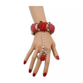 Unbranded Women Silver Metal Hand Chain Red Apples Bracelet Special Ring One Size Fit All